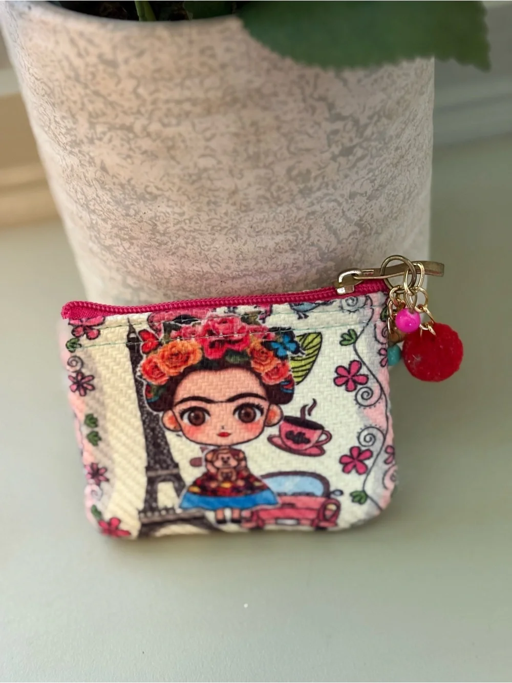 Kids Pink Frida-Inspired Coin Purse with Pom Pom Charm